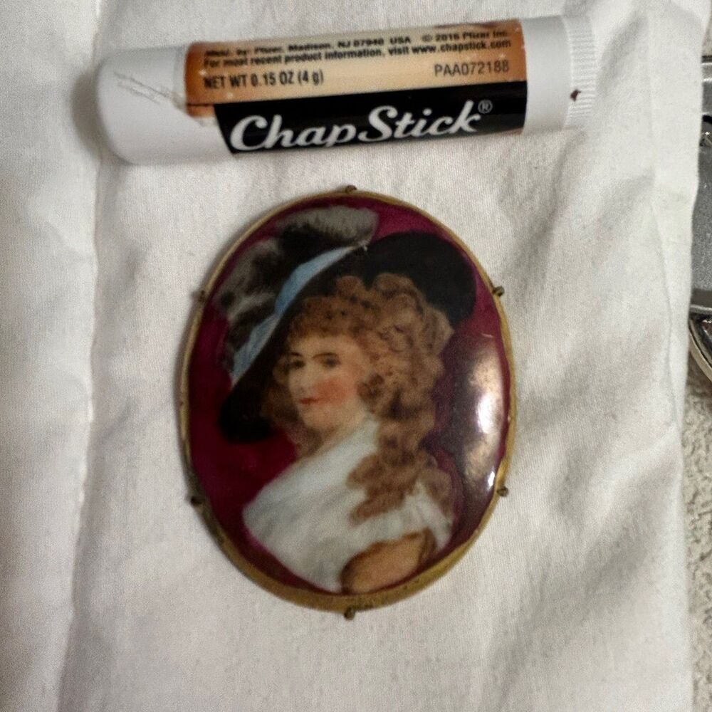 Vintage Victorian Lady Pin Red Background Holiday Chic